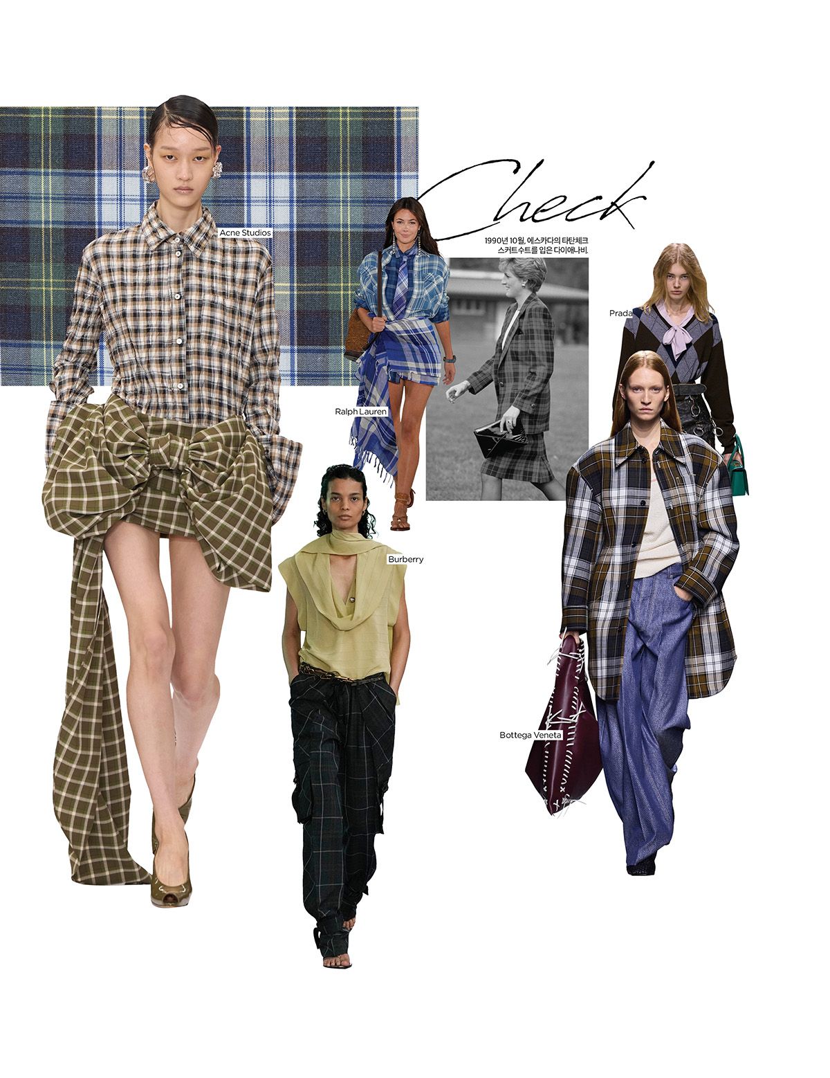 (왼쪽에서 부터) Acne Studios, Ralph Lauren , Burberry, 1990년 10월, 에스카다의 타탄체크 스커트수트를 입은 다이애나비. , Bottega Veneta , Prada