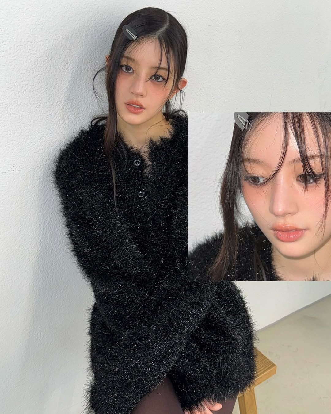 블랙 퍼 톱에 몽환적인 스모키 아이를 더해 새로운 무드를 완성한 아일릿 민주. @illit_official