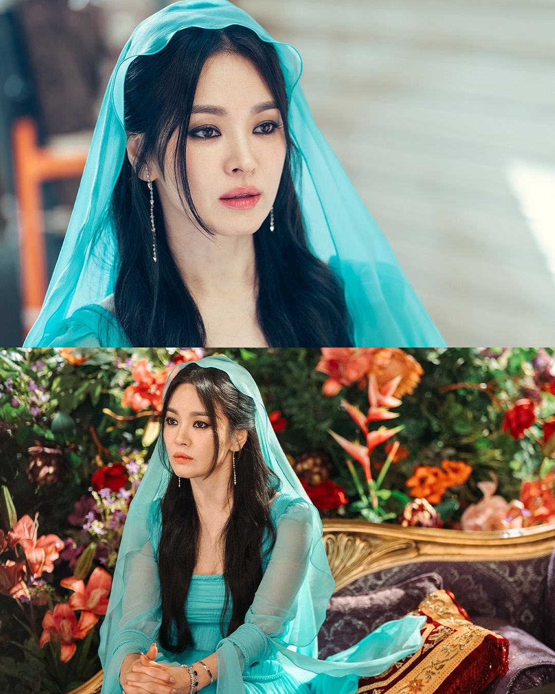 <다이루어질지니>에서 블루 톤 룩과 ‘전 여친 스모키’ 메이크업으로 강렬한 존재감을 드러낸 송혜교. @netflixkr