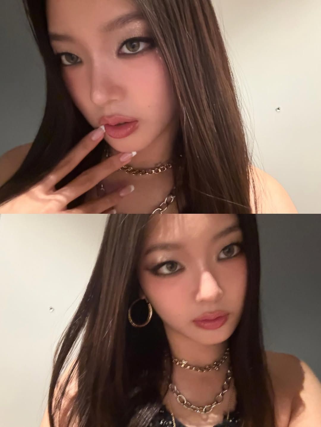 입자가 굵은 글리터 섀도로 글래머러스한 분위기를 연출한 캣츠아이 윤채. @y0on_cha3