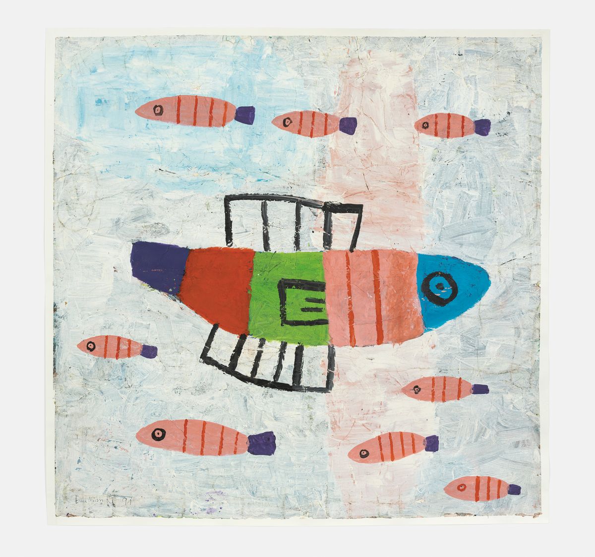 노은님, 큰 물고기 식구들, 1991, 한지에 혼합재료, 275 x 279 cm