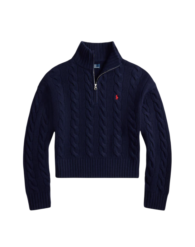 여성 케이블 울 캐시미어 하프 지퍼 스웨터