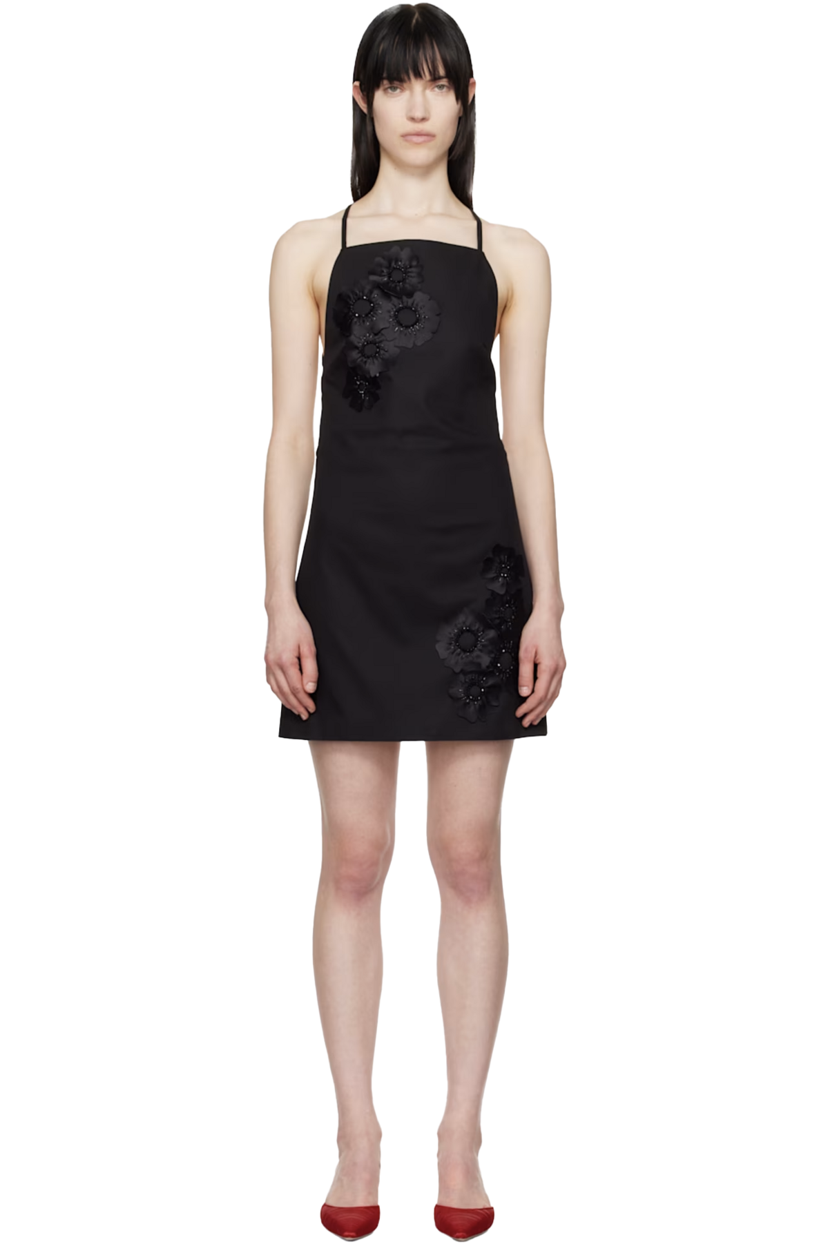 블랙 플로럴 아플리케 미니 드레스