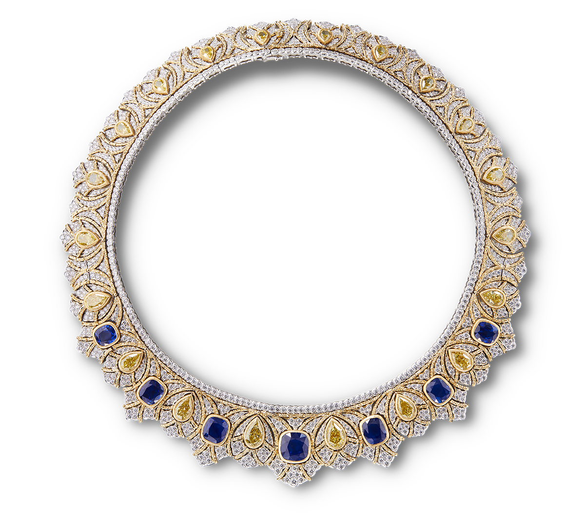 사파이어와 옐로 다이아몬드가 호화롭게 세팅된 ‘모자이코’ 네크리스.