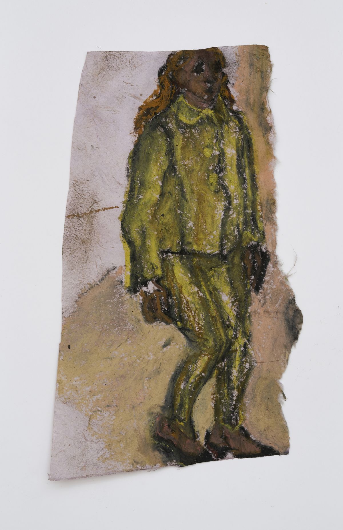 Alma Feldhandler, Miumiu in her silk suit , 2025. charcoal and oil pastel on paper, 22 x 12 cm.