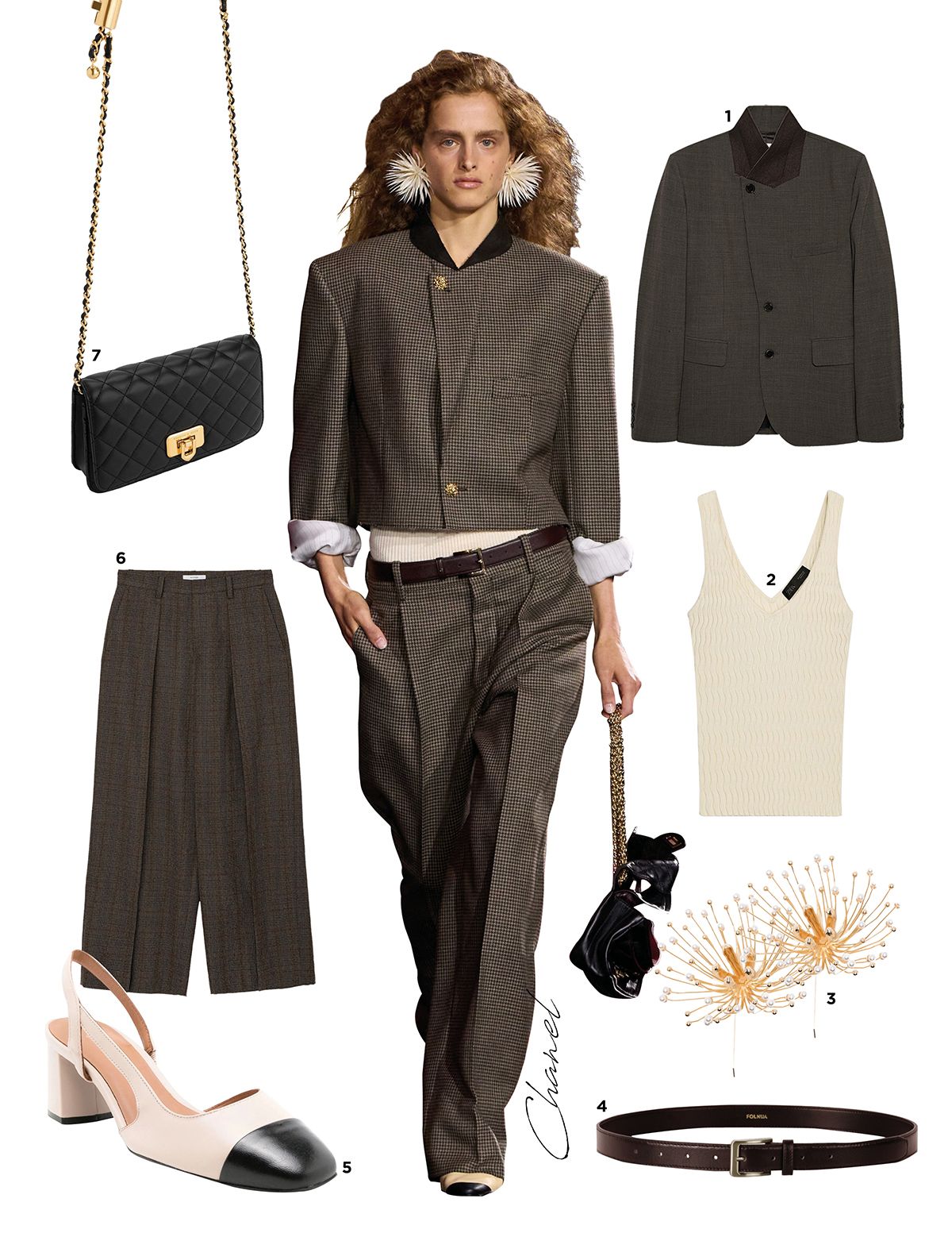 1 재킷은 1백만원대 6397. 2 슬리브리스 톱은 3만원대 Zara. 3 귀고리는 52만원대 Cult Gaia. 4 벨트는 8만원대 Folnua. 5 스트랩 힐은 55만원대 Sarah Chofakian. 3 팬츠는 24만원대 Moondal. 7 체인 백은 10만원대 Charles & Keith.