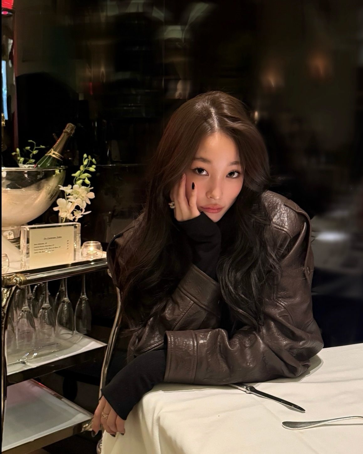 헤어 톤과 컬러를 맞춘 레더 재킷으로 한층 세련된 무드를 선보인 애니(@anniesymoon)