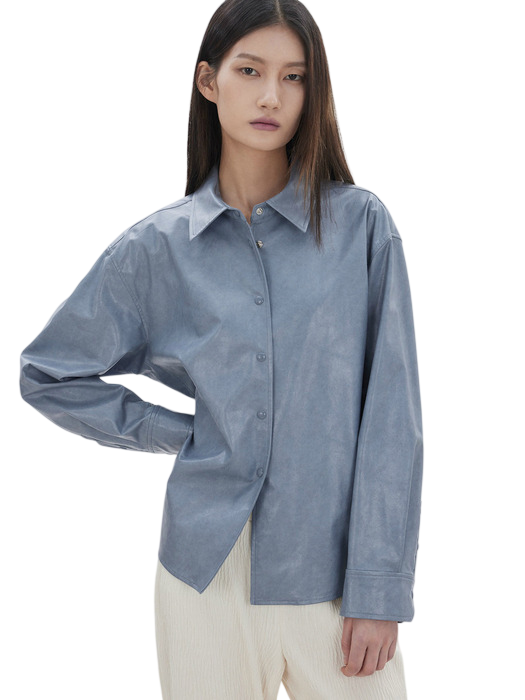 백셔링 페이크 레더 셔츠