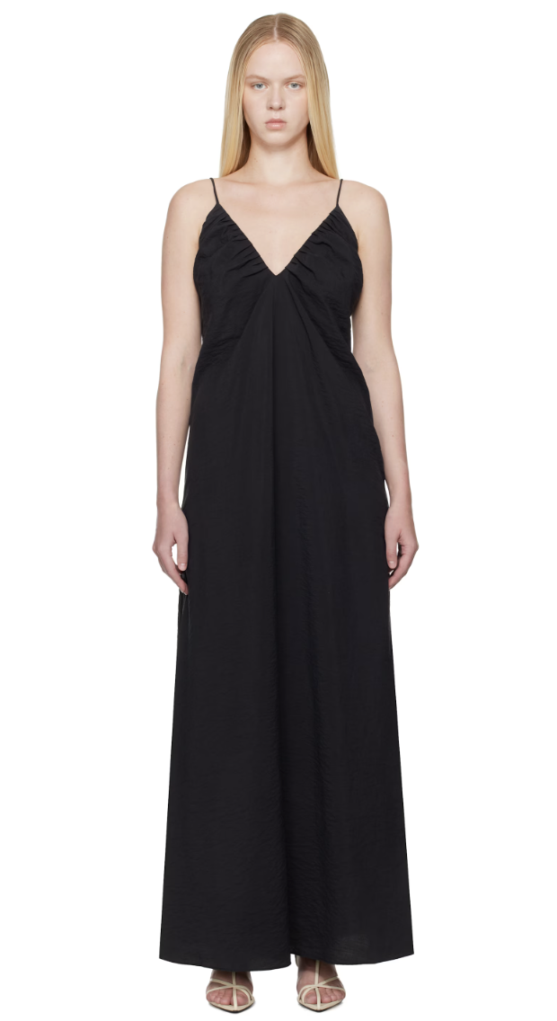 Black Hammered Silk V-Neck Strap Maxi Dress