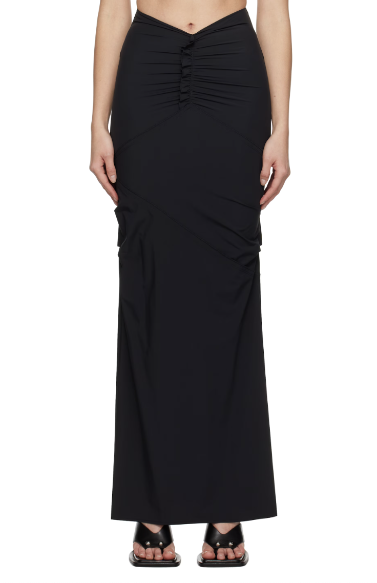 블랙 미니멀 러플 맥시 스커트