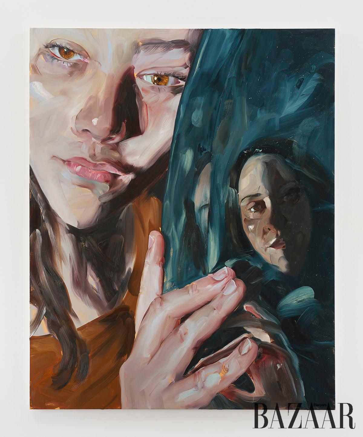 Jenna Gribbon, <A Reflection Held>, 2024, Oil on linen, 203.2x162.6x4.4cm. © Jenna Gribbon, Courtesy David Kordansky Gallery.