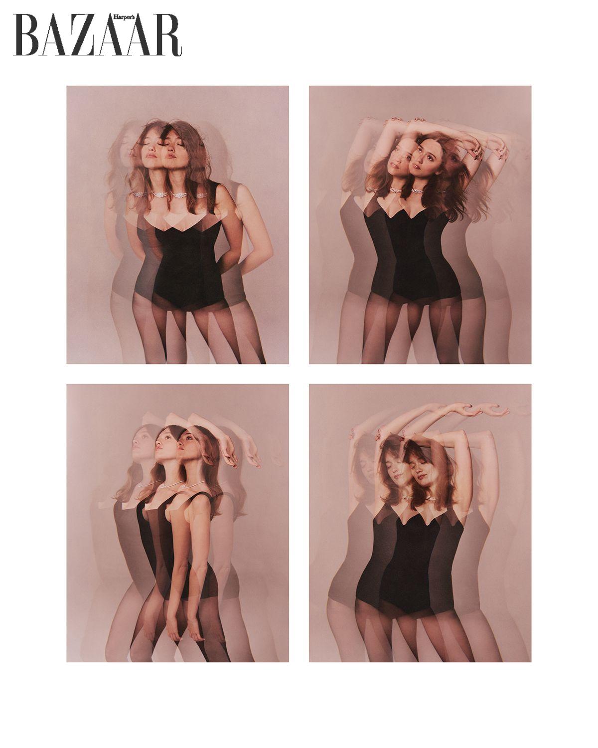 보디수트는 Dolce & Gabbana. 화이트 골드와 다이아몬드가 세팅된 목걸이, 반지 세트는 De Beers. 타이츠는 Falke. 