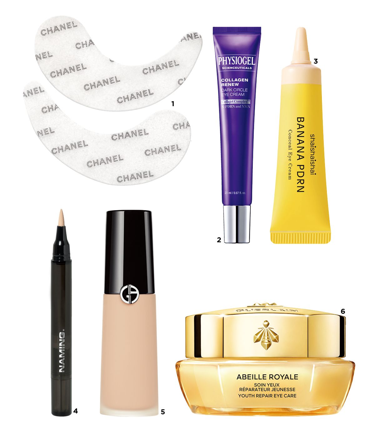 1 Chanel 르 리프트 플래쉬 아이 16만7천원. 2 Physiogel 사이언수티컬즈 콜라겐 리뉴 다크서클 아이크림 4만5천원. 3 Shaishaishai 바나나 PDRN 컨실 아이크림, 크림 2만6천원. 4 Naming 스킨 핏 컨실러 브러쉬 1만8천원. 5 Armani Beauty 루미너스 실크 컨실러 6만5천원대. 6 Guerlain 아베이 로얄 유쓰 리페어 아이 케어 13만8천원. 