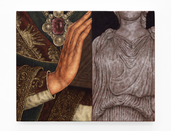 제니퍼 칼바료, (최선을 다해 뻗은) 손과 카리아티드 Extended Hand and Caryatid (As Best I Can), 2025, 캔버스에 유화, 41x51cm. 이미지 © 제니퍼 칼바료 2025, 실린더 제공