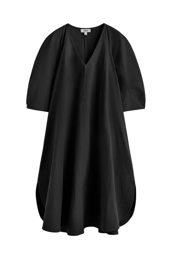 라운드 브이넥 코튼 미디 드레스