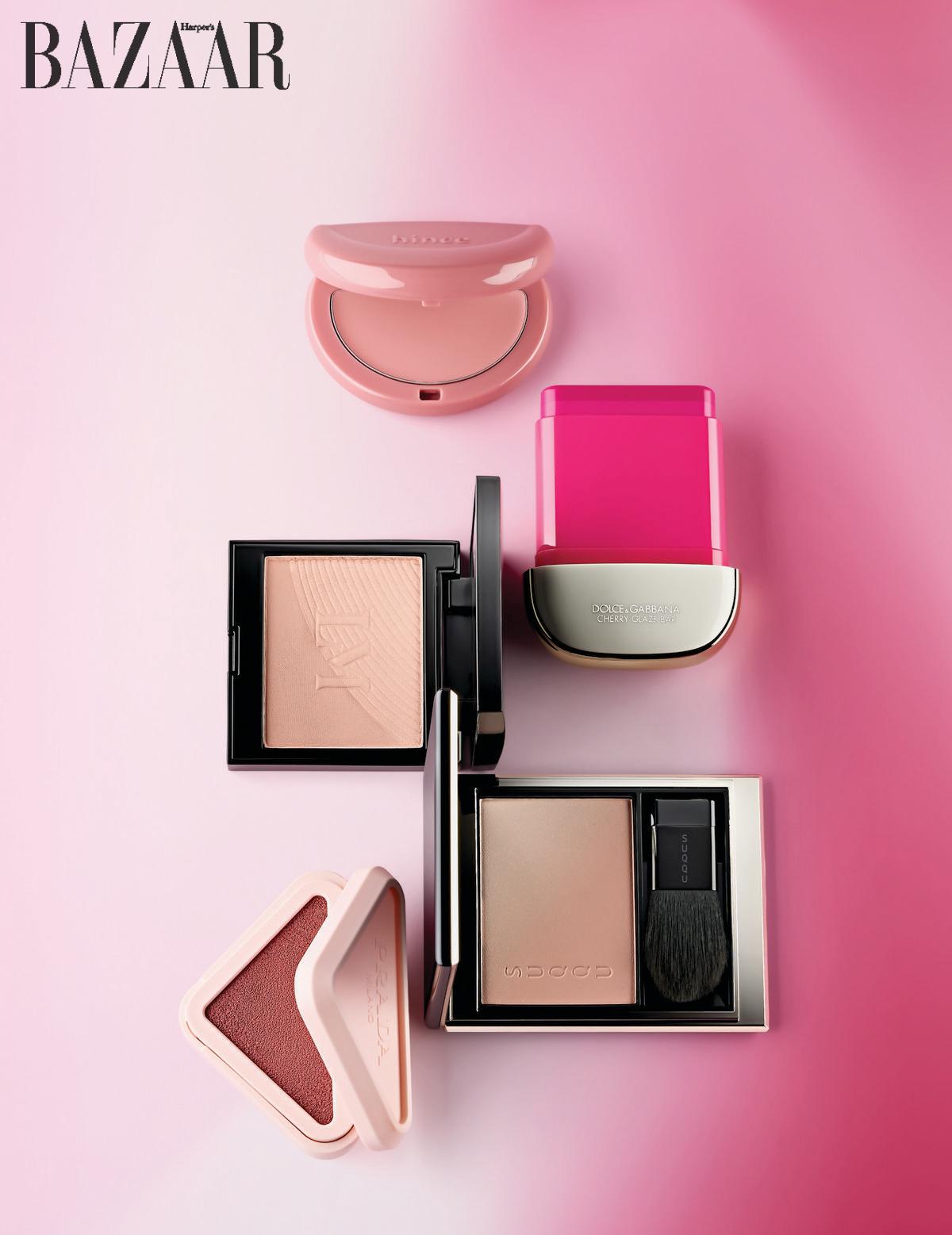 (위에서부터) 힌스 하프 문 치크 1만9천원, 돌체앤가바나 뷰티 체리 글레이즈 바 6만7천원, 로라 메르시에 블러쉬 컬러 인퓨전 듀오 6만8천원대, 스쿠 블러링 컬러 블러쉬 7만원, 프라다 뷰티 터치 블러쉬 6만원대. 