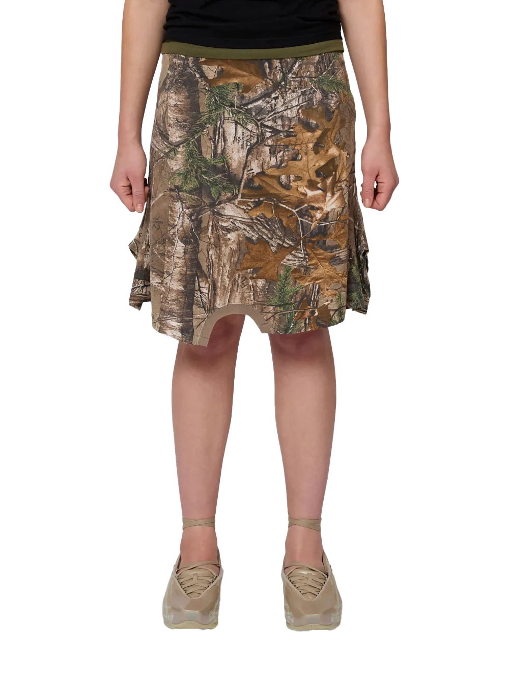 카모 프린트 레이어드 미디 스커트