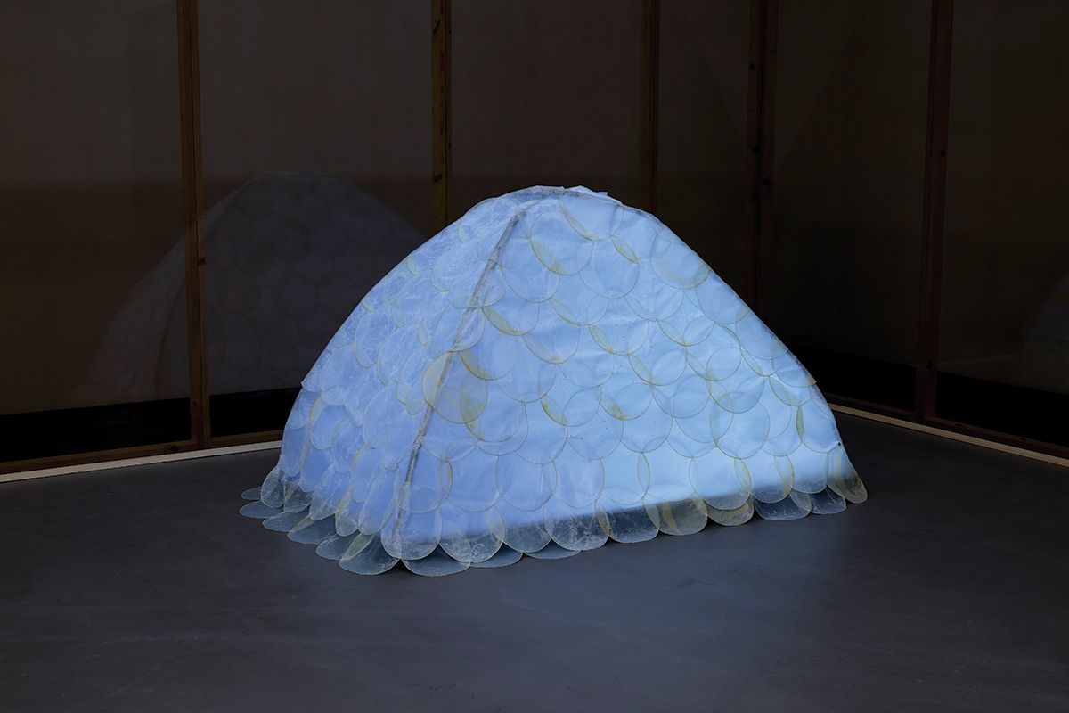 노혜리, <Carry>, 2025, Metal, organza, paraffin, beeswax, 169x96x108cm. 사진: 김상태