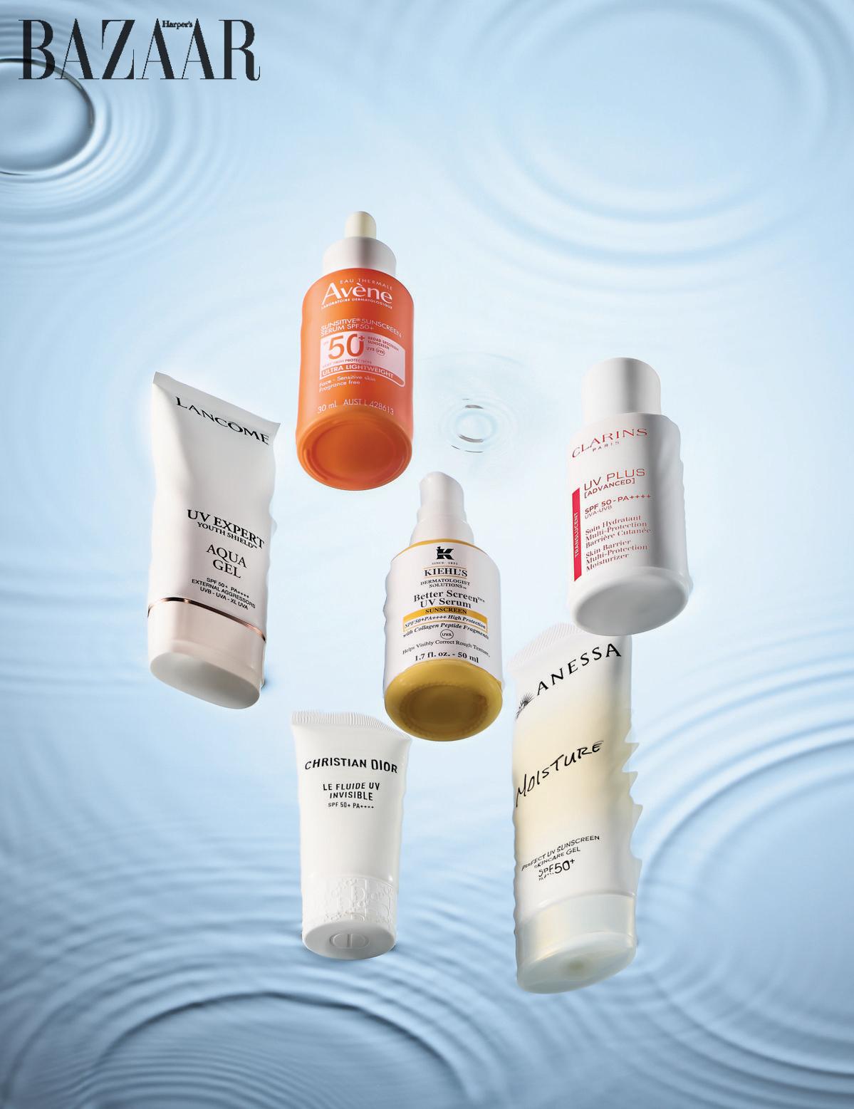 (시계 방향으로) 아벤느 선시티브 세럼 SPF50+/PA+++ 4만5천원, 키엘 콜라겐 UV 선세럼 SPF50+/PA++++ 6만9천원대, 클라랑스 UV 플러스 어드밴스드 멀티프로텍션 모이스처라이저 트렌스루센트 SPF50/PA++++ 9만9천원, 아넷사 퍼펙트 유브이 선스크린 스킨케어 젤엔비 SPF50+/PA++++ 3만원, 디올 르 플루이드 UV 인비저블 SPF50+/PA++++ 8만8천원대, 랑콤 UV 엑스퍼트 유스 쉴드 아쿠아 젤 SPF50+/PA++++ 50ml 9만3천원대. 