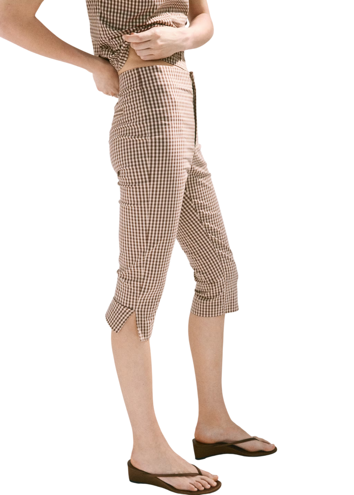 깅엄 체크 카프리 팬츠