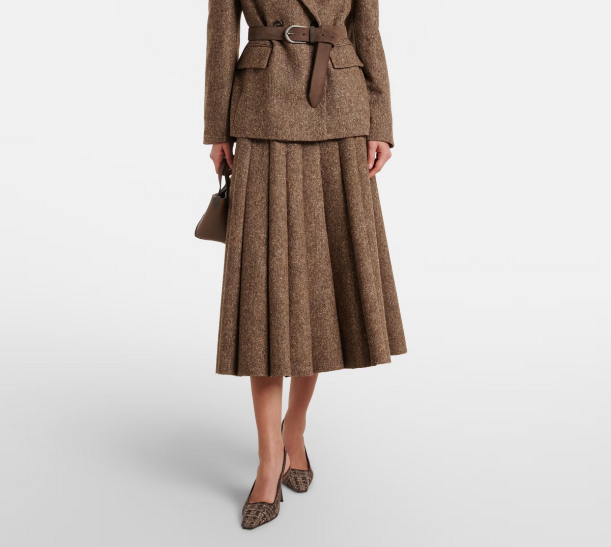 Pleated wool-blend tweed midi skirt