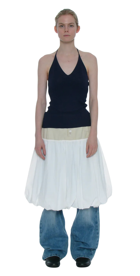 BUTTON POINTED PUFF MIDI SKIRT
