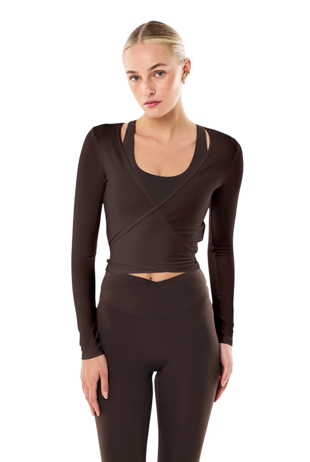 Signature wrap long sleeve top in coffee