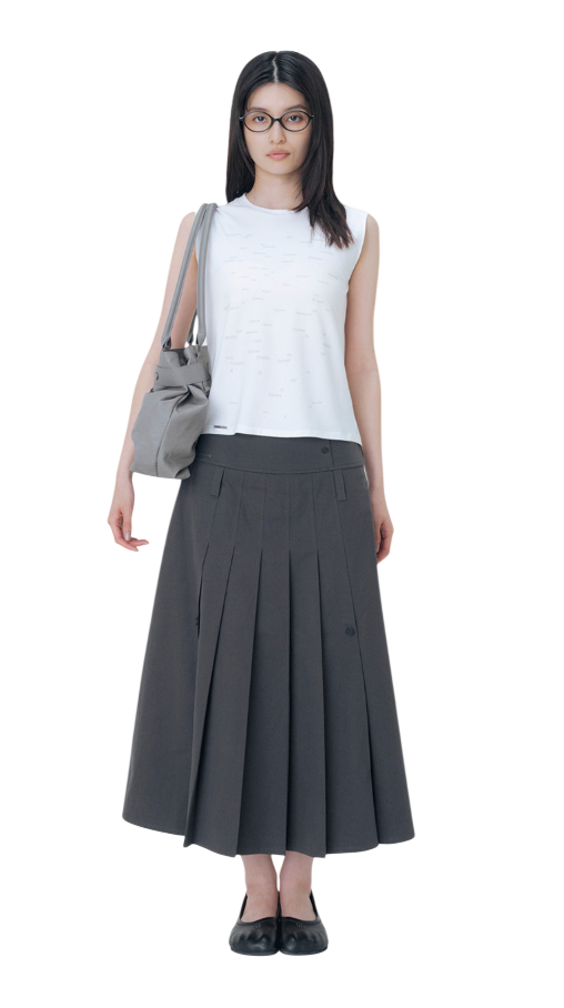 Layered pleats maxi skirt CHARCOAL