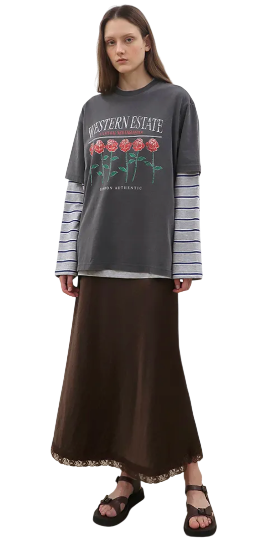 Satin Lace Long Skirt (Brown)