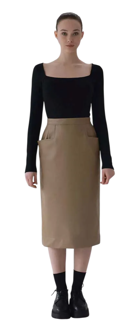 Kai Slit Leather Pencil Skirt (French Beige)