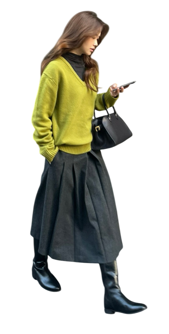 Wool Pleats Midi Skirt Charcoal