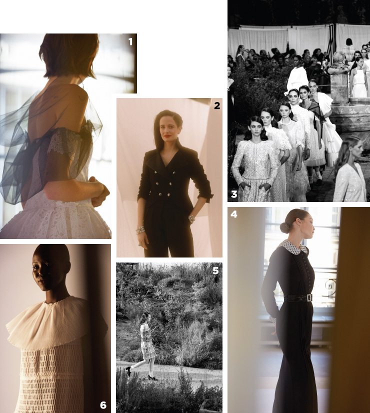 1 튤과 레이스 소재로 드라마를 더한 드레스. 2 에바 그린. 3, 5 피날레 신.4 수녀복을 연상시키는 지지 하디드의 드레스.6 소녀스럽게 풀어낸 쿠튀르 드레스. 
