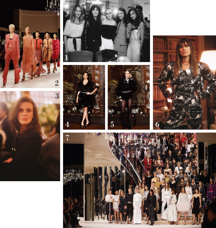 1 애프터 파티가 열린 라 쿠폴(La Coupole) 레스토랑에 모인 샤넬 패밀리. 왼쪽부터 바네사 파라디, 버지니 비아르, 릴리 로즈 뎁, 마가렛 퀄리, 레이니 퀄리. 2 쇼의 중반부를 책임진 컬러풀한 수트와 드레스. 3 에포트리스 시크의 정수, 마린 백트. 4 코로만델 병풍을 배경으로 포즈를 취한 페넬로페 크루즈. 5 샤넬 앰배서더 크리스틴 스튜어트. 6 가브리엘 샤넬의 서재 앞에 선 캐롤린 드 매그레. 7 모델들과 함께 캉봉가 31번지 거울 계단을 그대로 재현한 런웨이를 배경으로 피날레를 장식한 버지니 비아르.