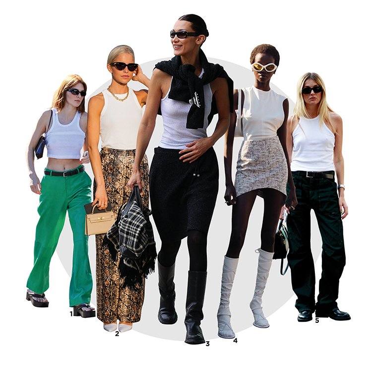 1 크롭트 탱크톱과 그린 컬러 팬츠를 매치한 켄들 제너. 2 패션 블로거 캐롤라인 다우르는 베이식한 탱크톱에 강렬한 페이턴트 팬츠를 매치해 눈길을 끌었다. 3 캐주얼한 스타일로 탱크톱을 연출한 벨라 하디드. 4 모델 아노크 아이는 탱크톱을 미니스커트에 매치해 긴 다리를 과시했다. 5 어깨를 드러낸 탱크톱에 블랙 데님 팬츠로 쿨한 스타일을 즐겨볼 것.