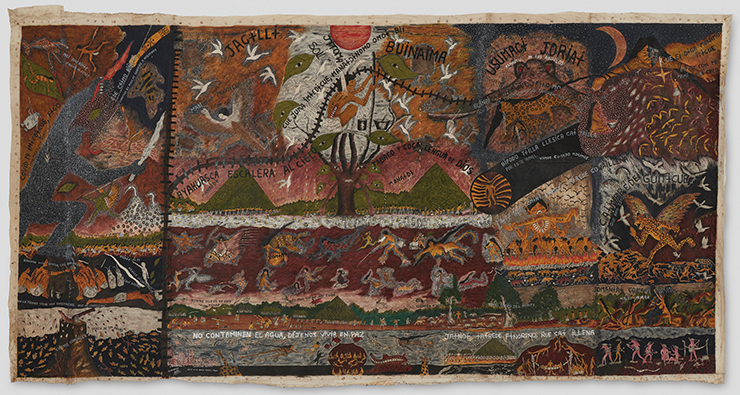 Santiago Yahuarcani, <Huitoto cosmovision (Cosmovisi&oacute;n Huitoto)>, 2022, Natural dyes and paints on tree bark. 210x410cm. Courtesy of the artist and Crisis Galer&iacute;a.