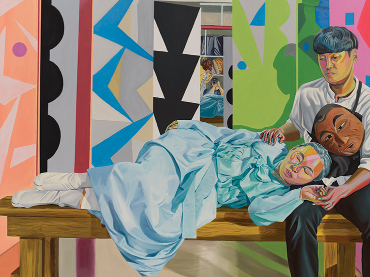 Aliza Nisenbaum, <Shin-myeong, ‘Someday in Spring’, Dress Rehearsal>, 2022, Oil on linen. 2 panels, 190.5x241.3cm each. Courtesy of the artist and Anton Kern Gallery, New York. Photo: Thomas Barratt. &copy; Aliza Nisenbaum