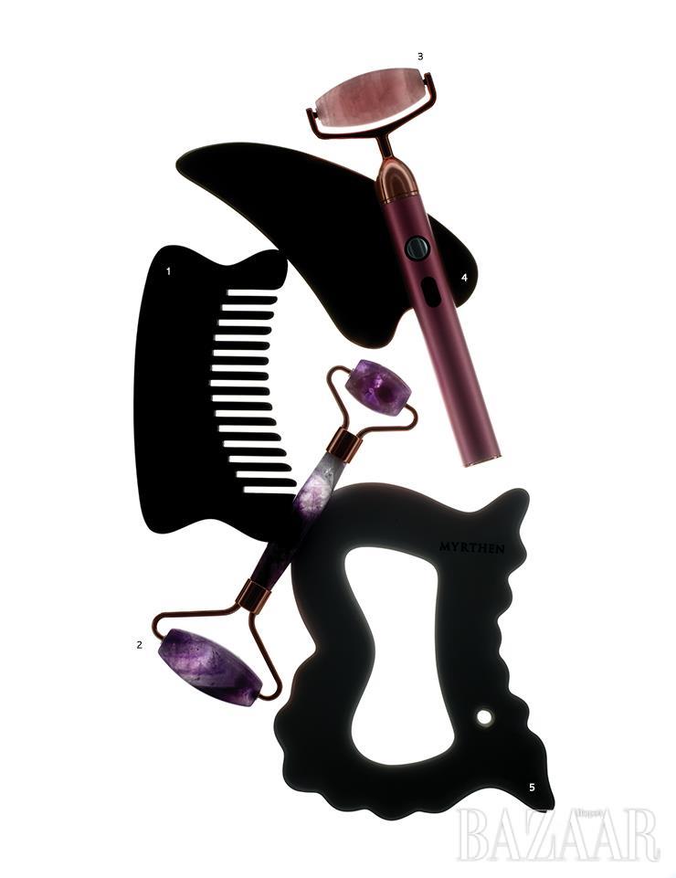  1.Bonyun 물소뿔 빗괄사 3호 5천원. 2.Collections Inez 자수정 페이스 롤러 2만9천3백원. 3.Rose De Jardin 자르딘 크리스탈 웨이브 롤러 11만9천원. 4.Notdam 방짜유기 하트 괄사 마사지기 3만5천원. 5.Aromang BB 괄사 7만7천8백원.