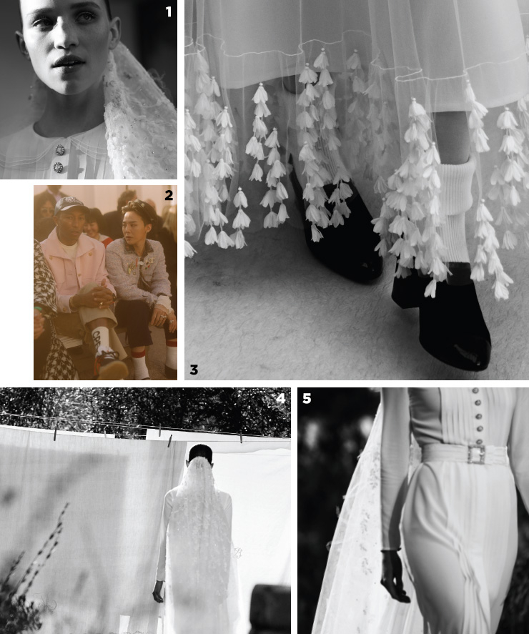 1, 4, 5 샤넬 쿠튀르의 피날레는 웨딩드레스가 장식한다. 그 어느 때보다 담백하게 완성된 드레스! 2 글로벌 앰버서더 자격으로 쇼장을 찾은 지드래곤과 퍼렐. 3 화이트 삭스를 매치한 로퍼 위로 흐드러진 꽃잎 디테일. 