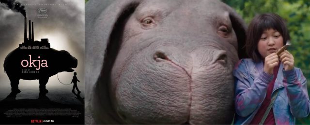 (왼쪽부터) 영화  포스터, 영화 속 주인공 옥자와 미자(안서현).